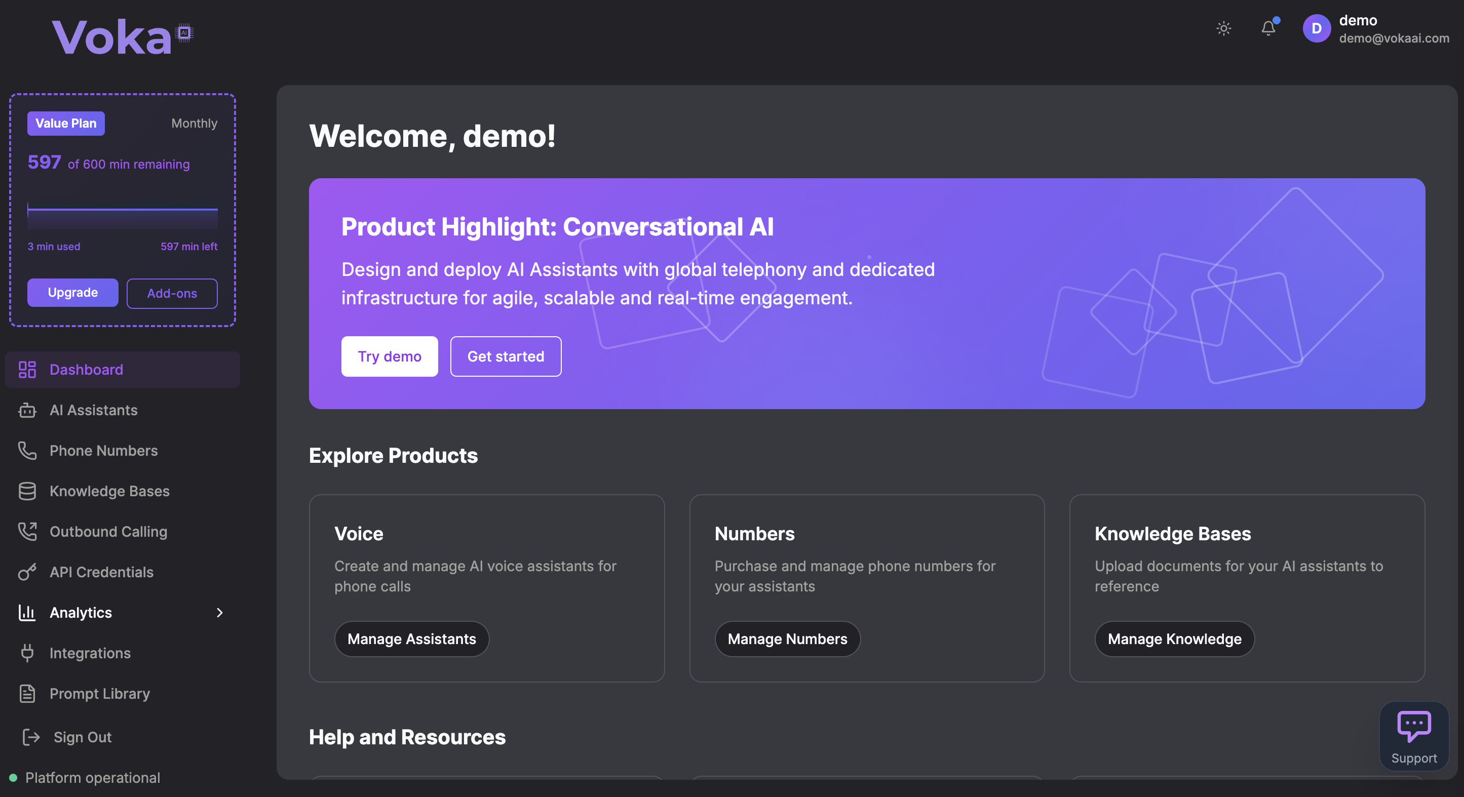 Voka AI Dashboard Homepage