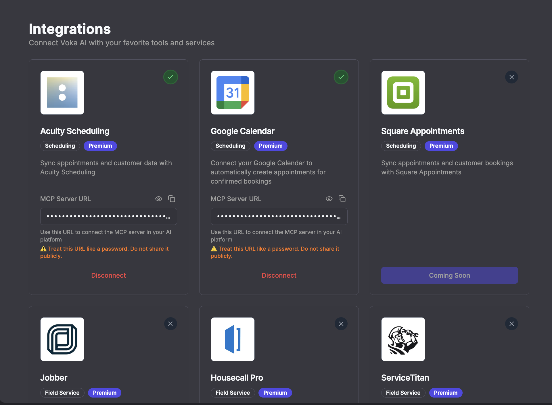 Integrations overview page showing available integrations