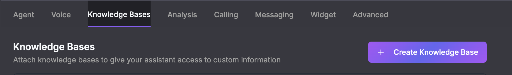 Knowledge Bases tab with attach toggle interface