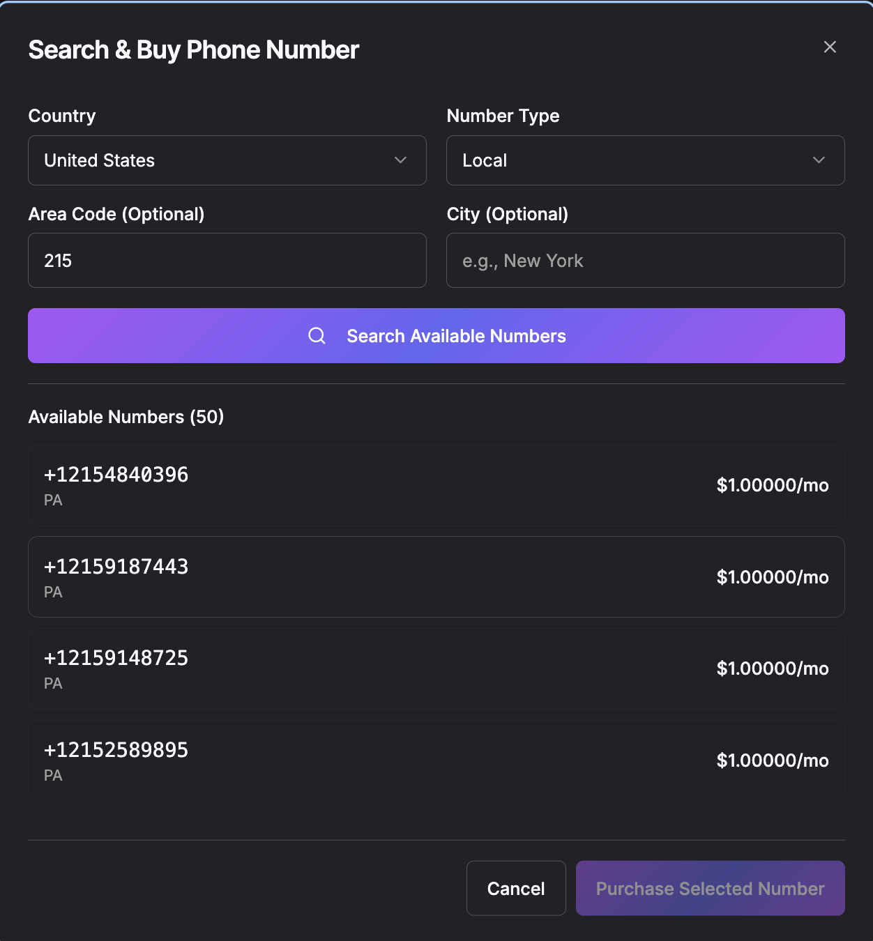 Phone Numbers page showing list of numbers and Buy Phone Number button