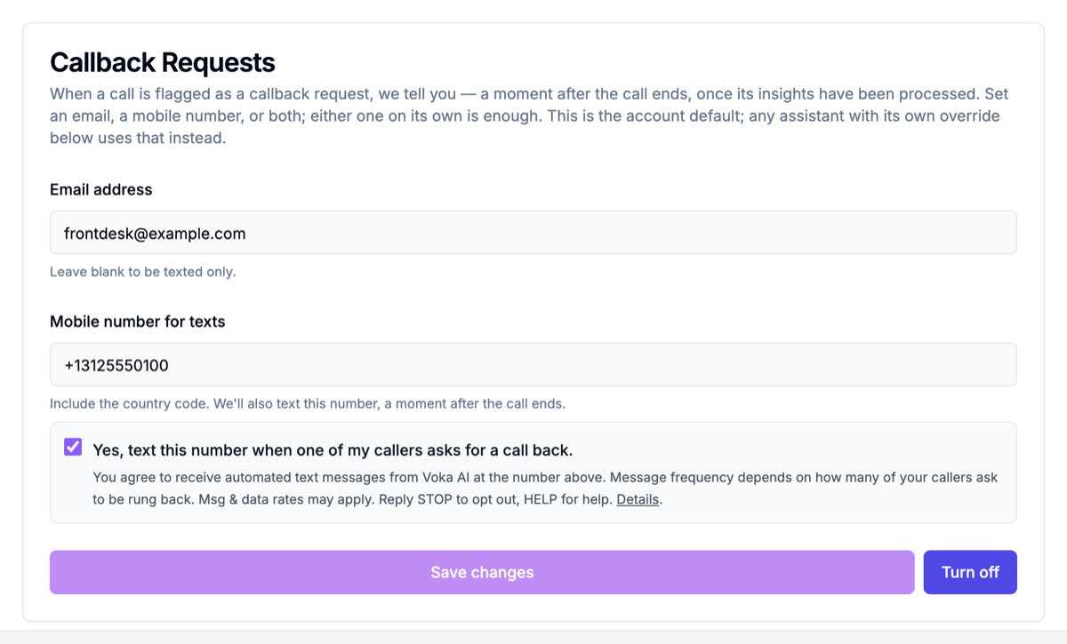 The Callback Requests card in Settings, with an email address and a mobile number for texts