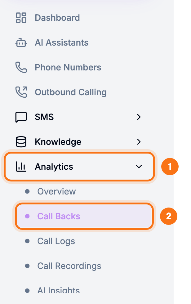 The portal menu with Analytics opened and Call Backs highlighted