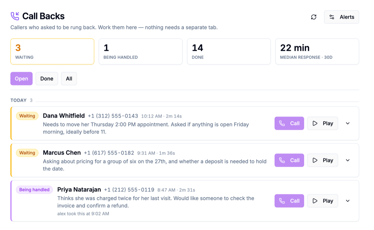 The Call Backs page, with three callers waiting and one being handled
