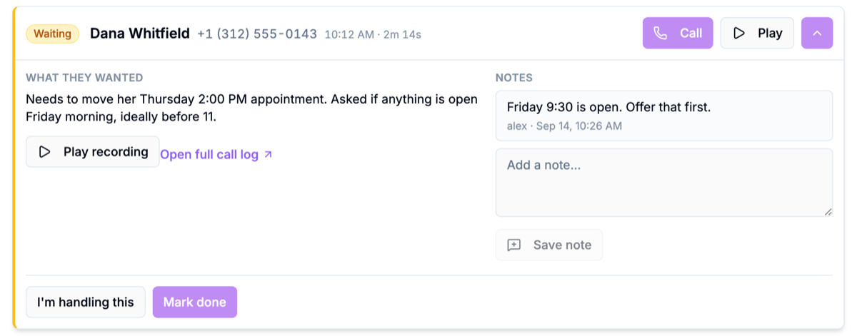An opened callback showing what the caller wanted, a note, and the I'm handling this and Mark done buttons